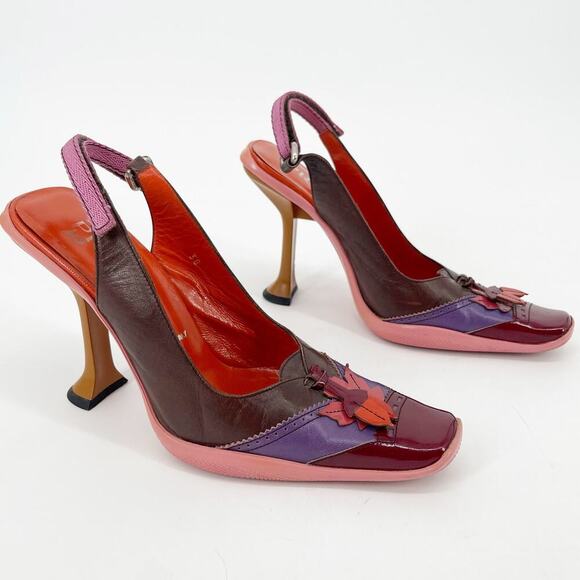 Rare Prada F/W 1999 Multicolor Acorn Leaf Square Toe Sporty Slingback Heel IT 38 - Picture 1 of 13